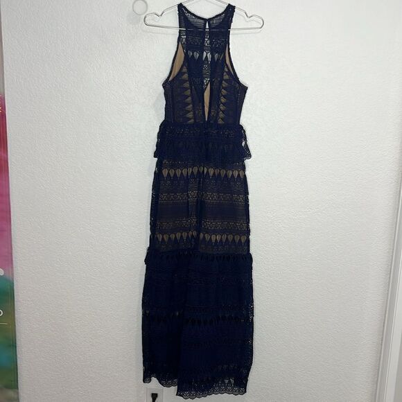 New SELF-PORTRAIT Teardrop Guipere Paneled Maxi Dress Navy Size 0 - Picture 7 of 16